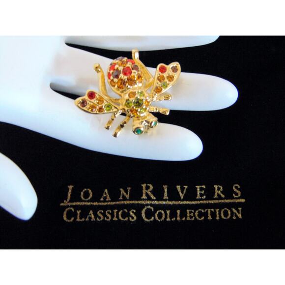 Joan Rivers Pave Crystal BEE PIN Brooch Multi Color Rhinestones Gold Plate - Picture 2 of 5